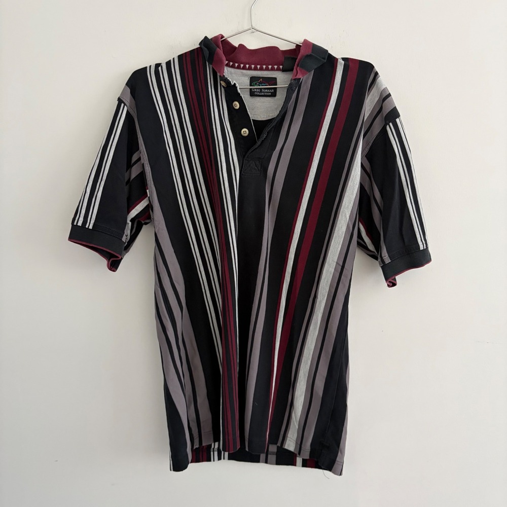 Greg Norman Collection Mens Striped Polo Shirt Black Burgundy Grey M